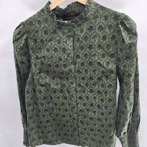 Sugarlips Green Olive Zinnia Floral Ruffled 100% Cotton Button Down Top Small